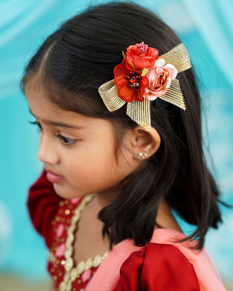 Golden zari bow with rose - Handcrafted hair clip