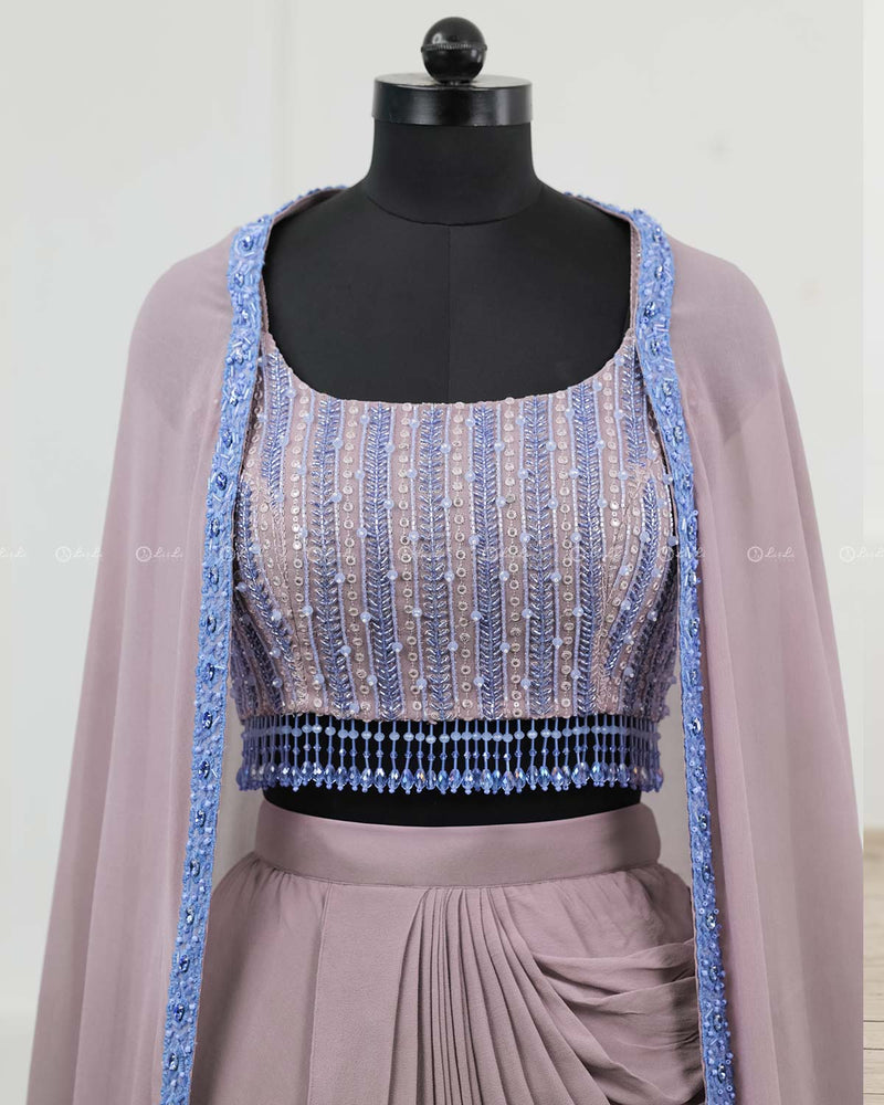 Dusty Lilac Draped Skirt with Heavy Embroidered Crop Top & Jacket.