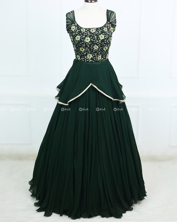 Bottle  Green Lehanga Skirt And Top With Intricate Handwork.