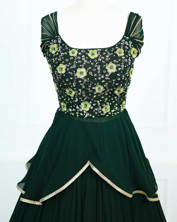 Bottle  Green Lehanga Skirt And Top With Intricate Handwork.