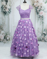 Dusky Lavender Crop Top and Lehenga Set with Floral Emblishment for Women (New)