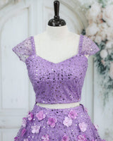 Dusky Lavender Crop Top and Lehenga Set with Floral Emblishment for Women (New)