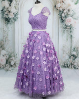 Dusky Lavender Crop Top and Lehenga Set with Floral Emblishment for Women (New)
