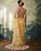 Net Ready-to-Wear Floral Saree & Sleeveless Blouse - Macaron Yellow(New)