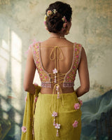 Net Ready-to-Wear Floral Saree & Sleeveless Blouse - Macaron Yellow(New)