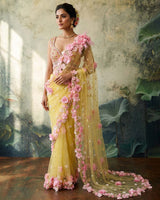 Net Ready-to-Wear Floral Saree & Sleeveless Blouse - Macaron Yellow(New)