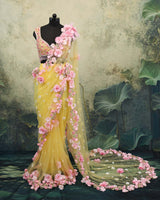 Net Ready-to-Wear Floral Saree & Sleeveless Blouse - Macaron Yellow(New)