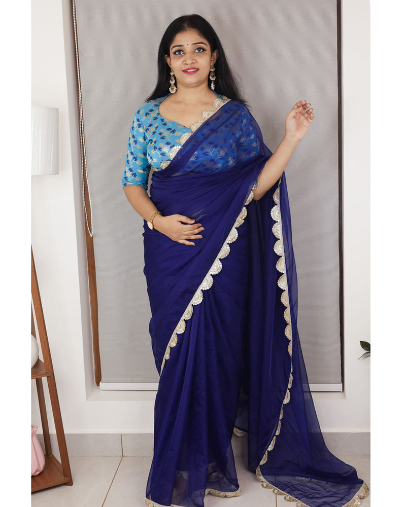 Royal Blue Broad Border Banarasi Handloom Pure Khaddi Georgette Silk Saree  - Aura Benaras