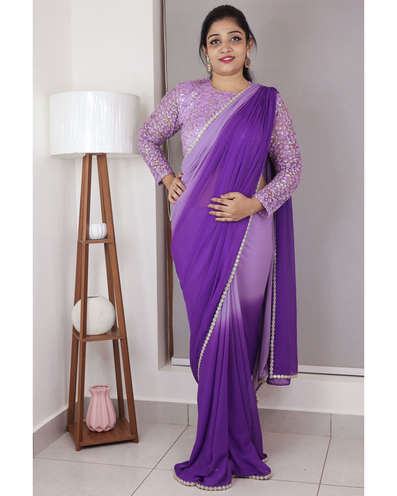 Lavender & purple ombre shaded saree with heavy embroidery blouse piece in lavender