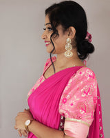 Rani pink dyeable saree with light pink and rani pink brocade blouse piece