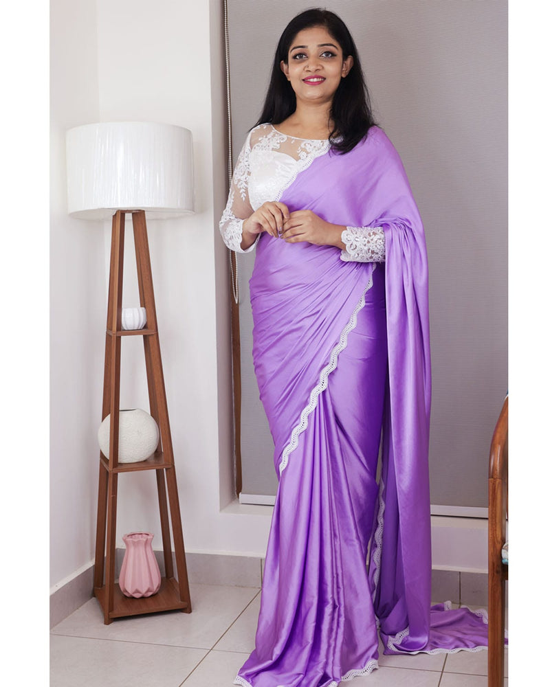 Lavender satin saree with pure white embroidery blouse piece