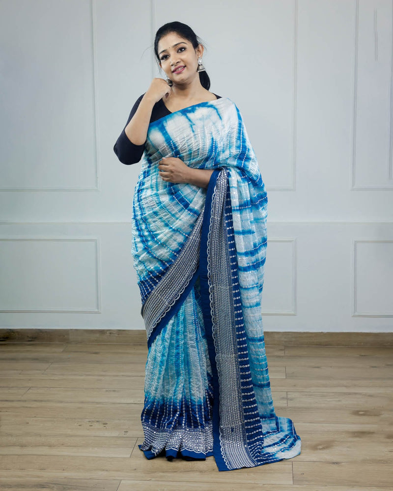 Blue Tie & Dye Shibori Print Saree Online | Buy Printed Designer Sarees Online