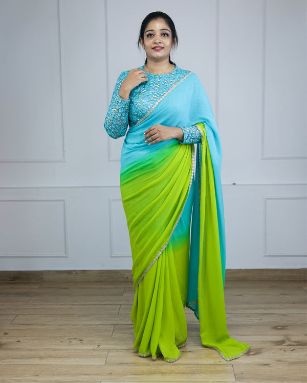 Lime Green and Turquoise Blue Ombre Saree |  Buy Latest Sari Collection Online in India