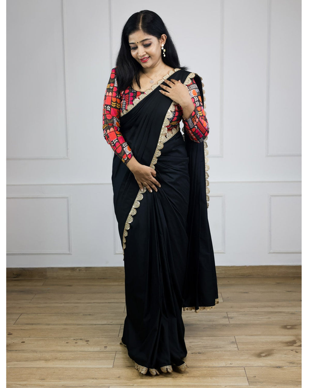 Shiny Black Faux Georgette Saree with Art Silk Blouse