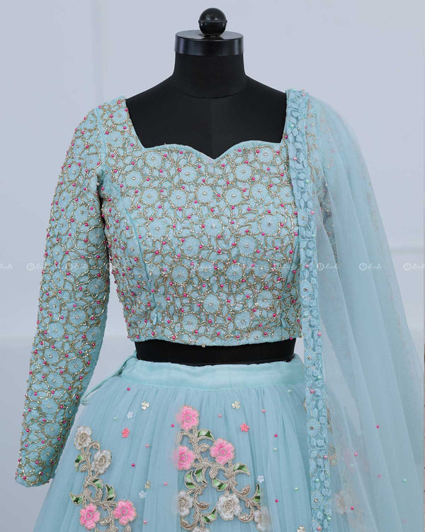 Pastel Powder Blue Shade Skirt & Top with Intricate Handworks