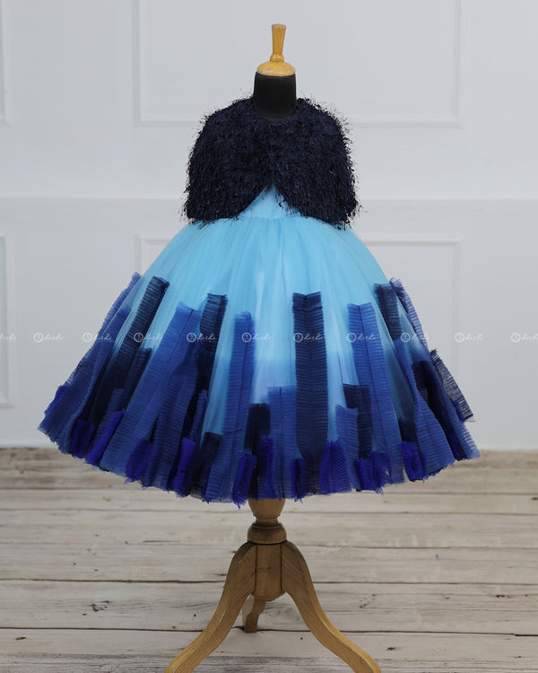 Blue Gown with Detachable Feather Cape