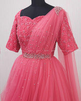 Salmon Pink Gown with Draped Duppatta