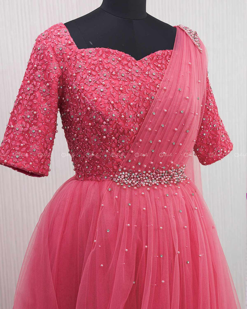 Salmon Pink Gown with Draped Duppatta