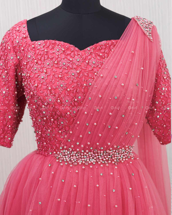 Salmon Pink Gown with Draped Duppatta