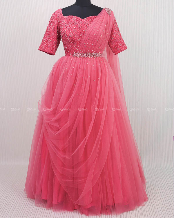 Salmon Pink Gown with Draped Duppatta