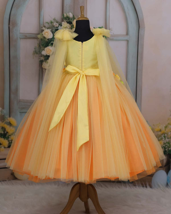 Orange & Candy Yellow Flower Frock with Long Bow Sleeves