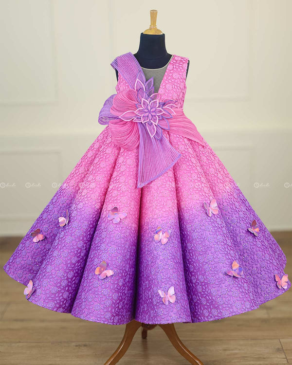 Rose Pink and Lavender Double Shaded Panel Gown with Fabric Manipulated Twirled Detachable Belt