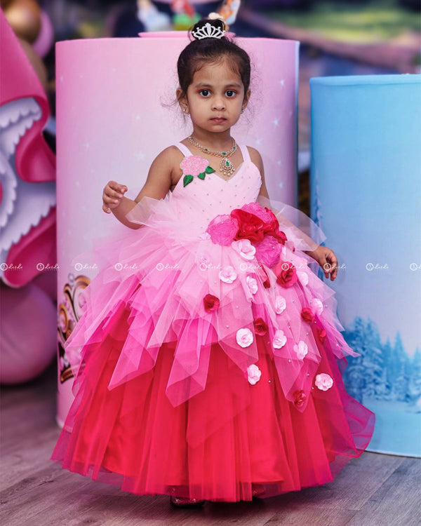 Baby Pink with Dark Pink Color Gradient Asymmetrical Layered Gown with Rose Applique.