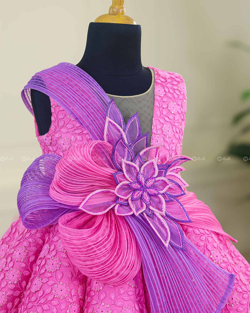 Rose Pink and Lavender Double Shaded Panel Gown with Fabric Manipulated Twirled Detachable Belt