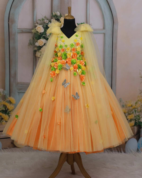 Orange & Candy Yellow Flower Frock with Long Bow Sleeves