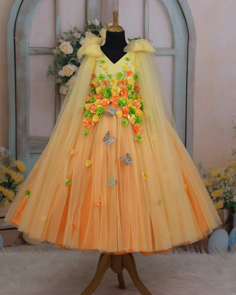 Orange & Candy Yellow Flower Frock with Long Bow Sleeves