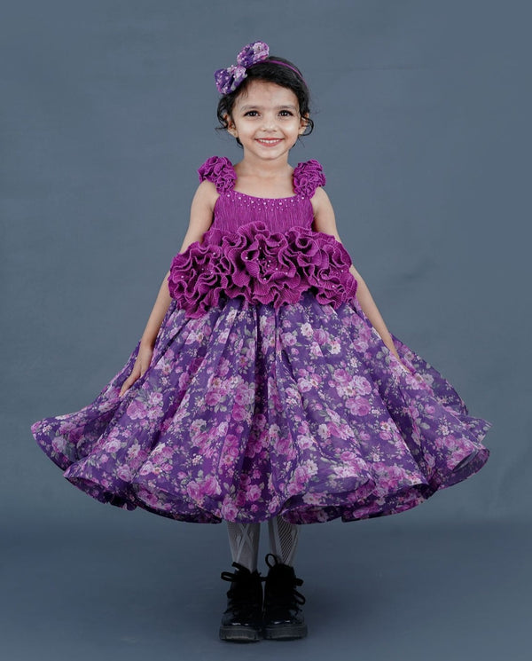Purple Floral Printed Short Gown With Tiny Pleated Texture Yoke And Floral Detailing
