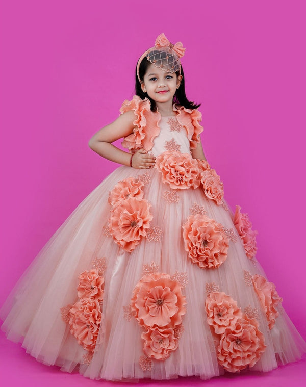 Peach Colour Couture Party Gown With Hand Crafted Flower Details & Maple Leaf Applique