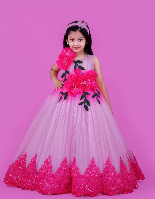 Dark Pink With Cherry Blossom Color Combo Couture Gown With Hand Crafted Flower Embellishment & Lace