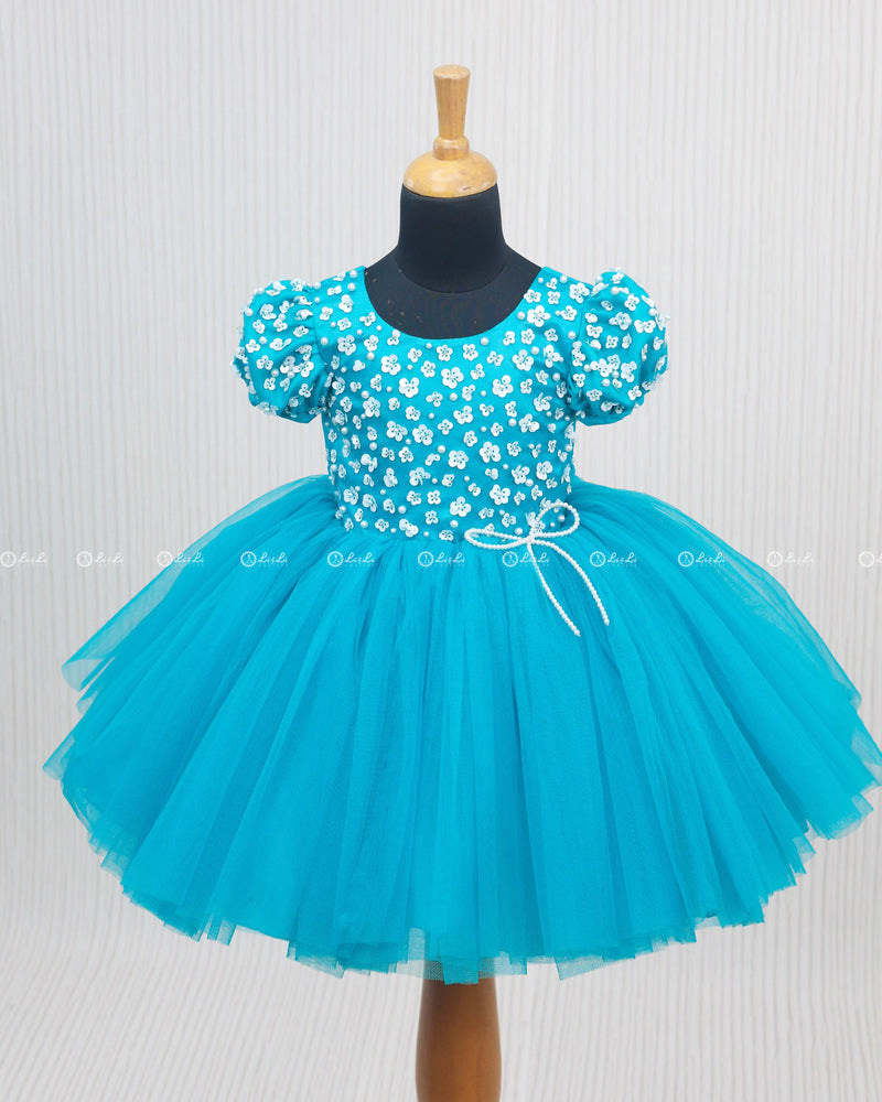 Sea Blue Dress With Sequence Yoke.