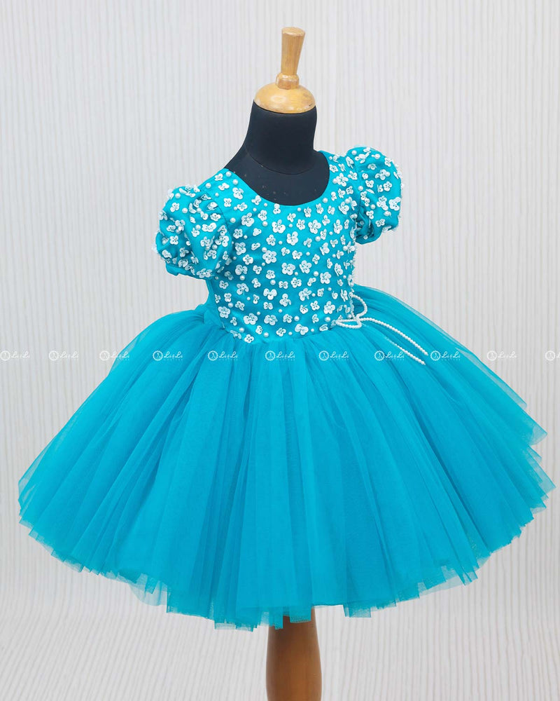 Sea Blue Dress With Sequence Yoke.