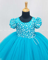 Sea Blue Dress With Sequence Yoke.