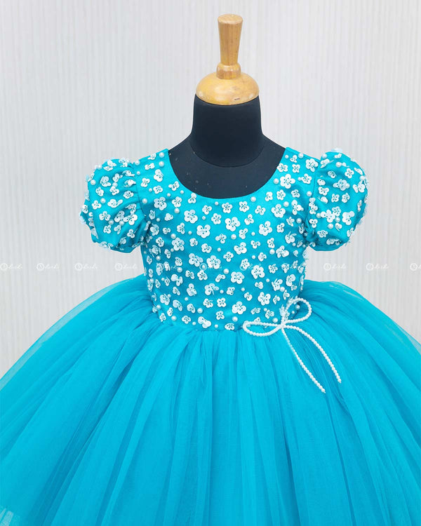 Sea Blue Dress With Sequence Yoke.