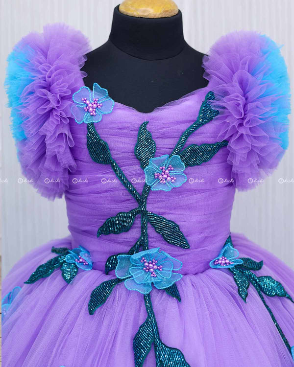 Lavender and Blue Double Shaded Gown with Handicrafted Flowers and Leaves