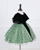 Dark Forest Green velvet frock with flutter sleeves and a mint heart-mesh skirt.
