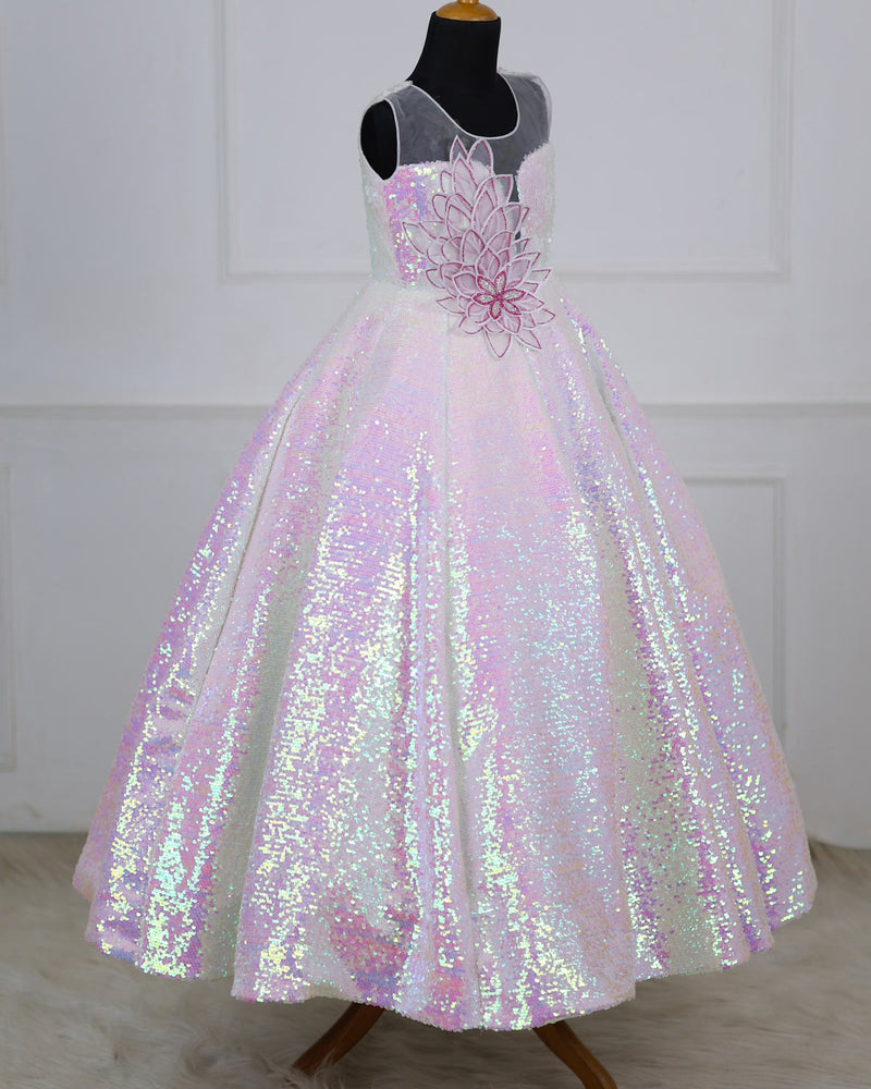 White Multi Rainbow Sleeveless Sequence Panel Gown