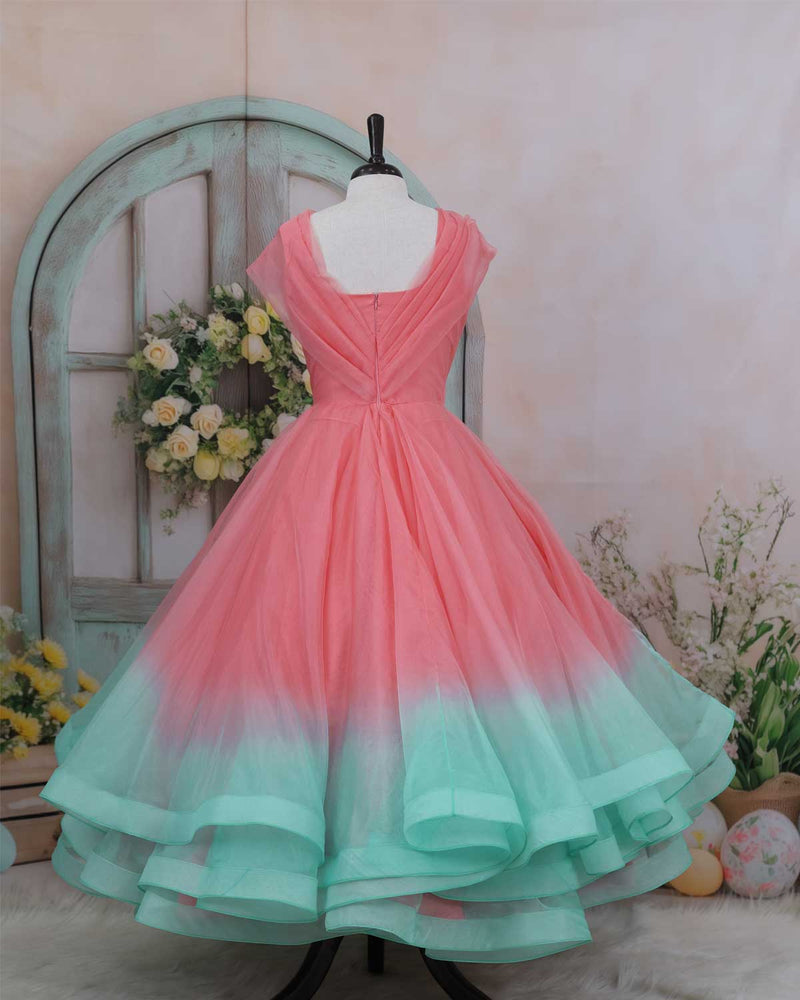 Blush Pink and Sea Green Ombre-Shaded Layered Gown With Bead & Stone Work