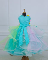 Aqua blue Gown with Multicolour Twirled Gown and Handcrafted Flowers