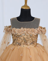 Peach-gold gown with 3D florals and soft tulle flare