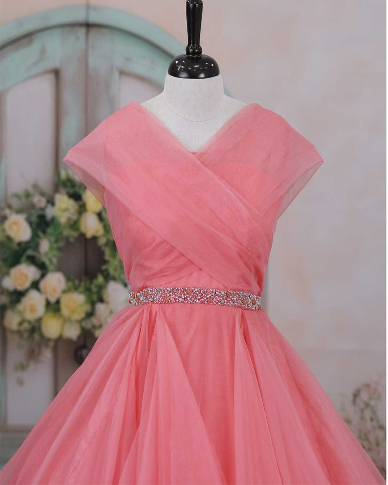 Blush Pink and Sea Green Ombre-Shaded Layered Gown With Bead & Stone Work