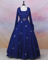 Navy Blue Monarch Butterfly Theme Gown with Detachable Wings and Handcrafted Belt