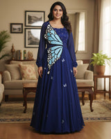 Navy Blue Monarch Butterfly Theme Gown with Detachable Wings and Handcrafted Belt