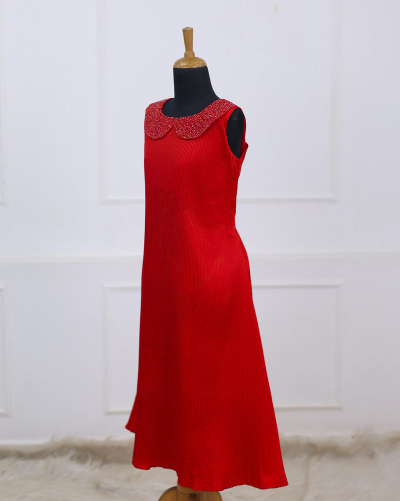 open lace back dress Stunning Red A-Line Dress With Hand worked Peter Pan Collar – www.liandli.in