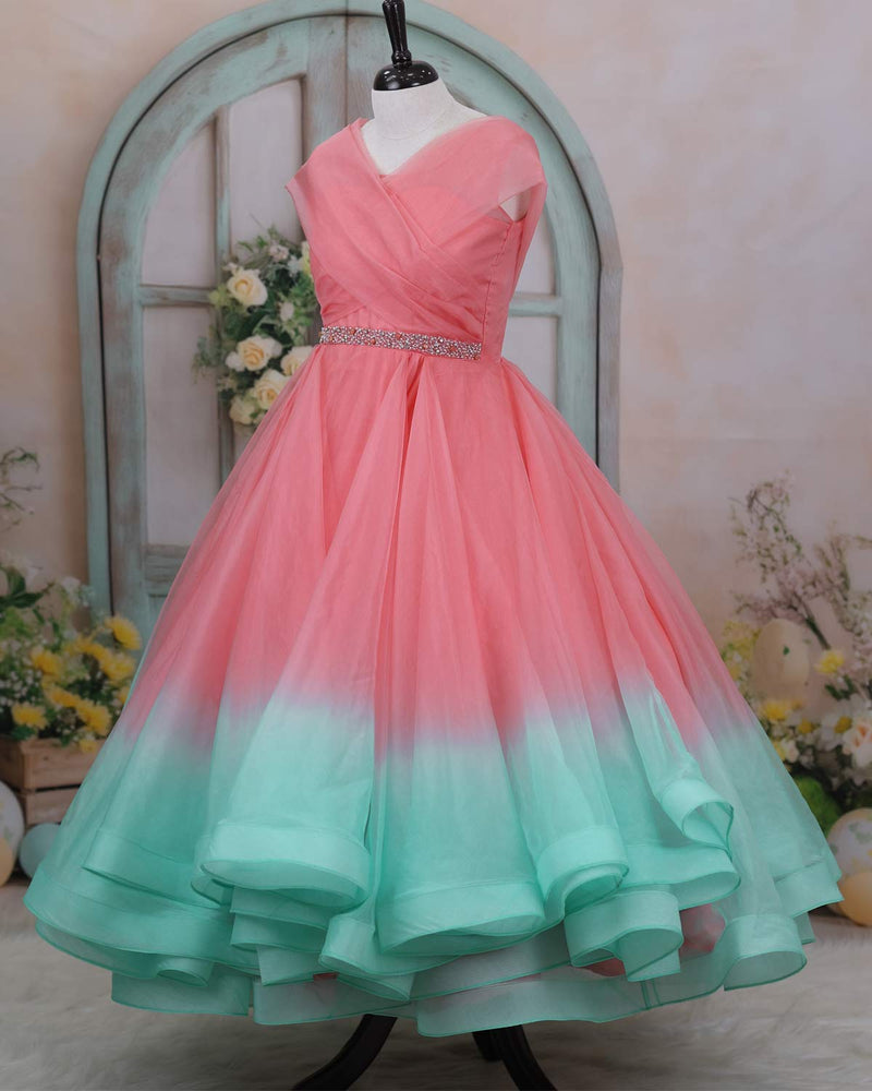 Pink Or Green Ombre Gown Blush Pink And Sea Green Ombre-Shaded Layered Gown With Bead Pink Or Green Ombre Gown Blush Pink And Sea Green Ombre-Shaded Layered Gown With Bead