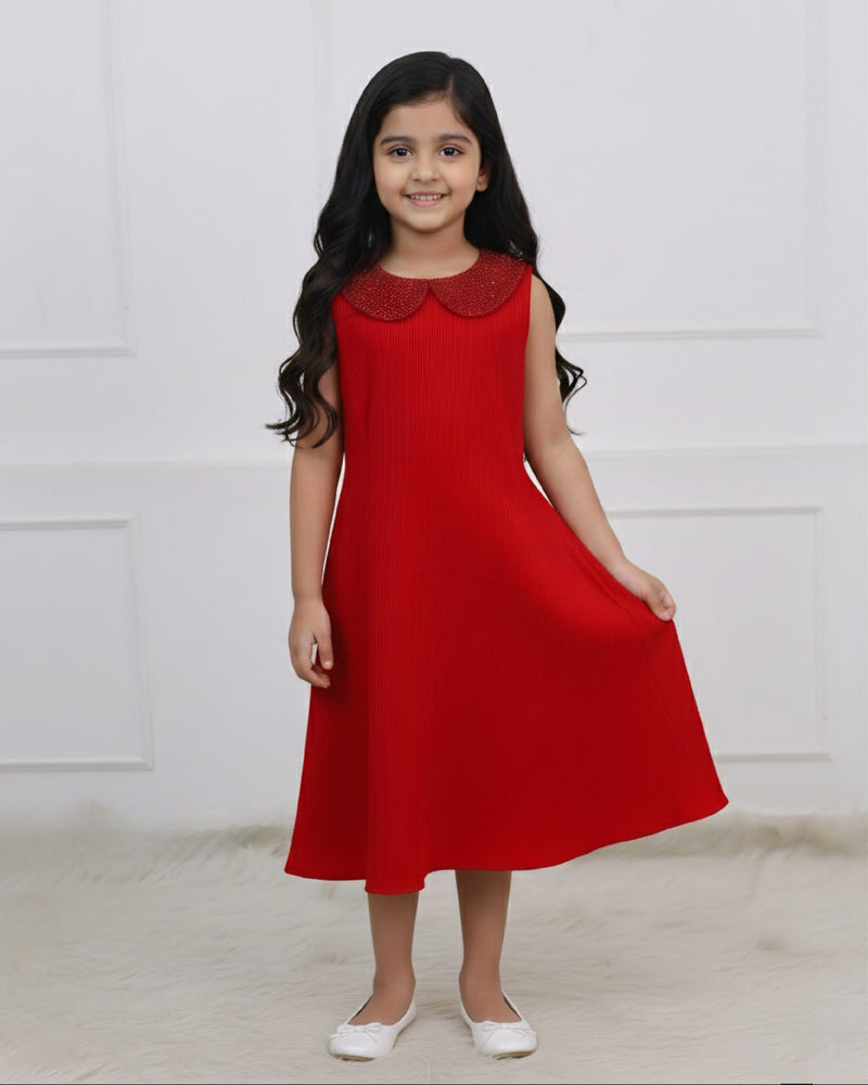 Stunning Red A-Line Dress With Hand worked Peter Pan Collar www.liandli.in Stunning Red A-Line Dress With Hand worked Peter Pan Collar www.liandli.in