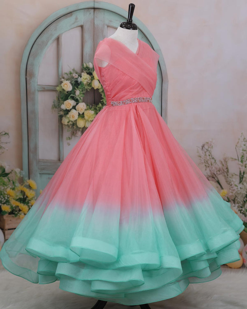 Blush Pink and Sea Green Ombre-Shaded Layered Gown With Bead & Stone Work
